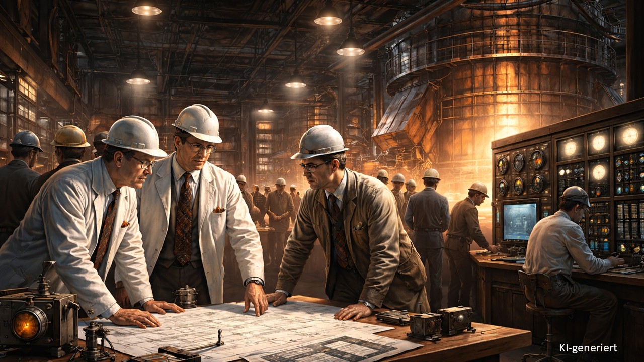 Arbeiter in einer Fabrik, KI-generiert