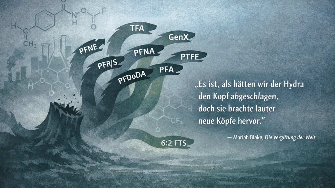 Bild einer Hydra mit verschiedenen PFAS-Namen in ihren Köpfen