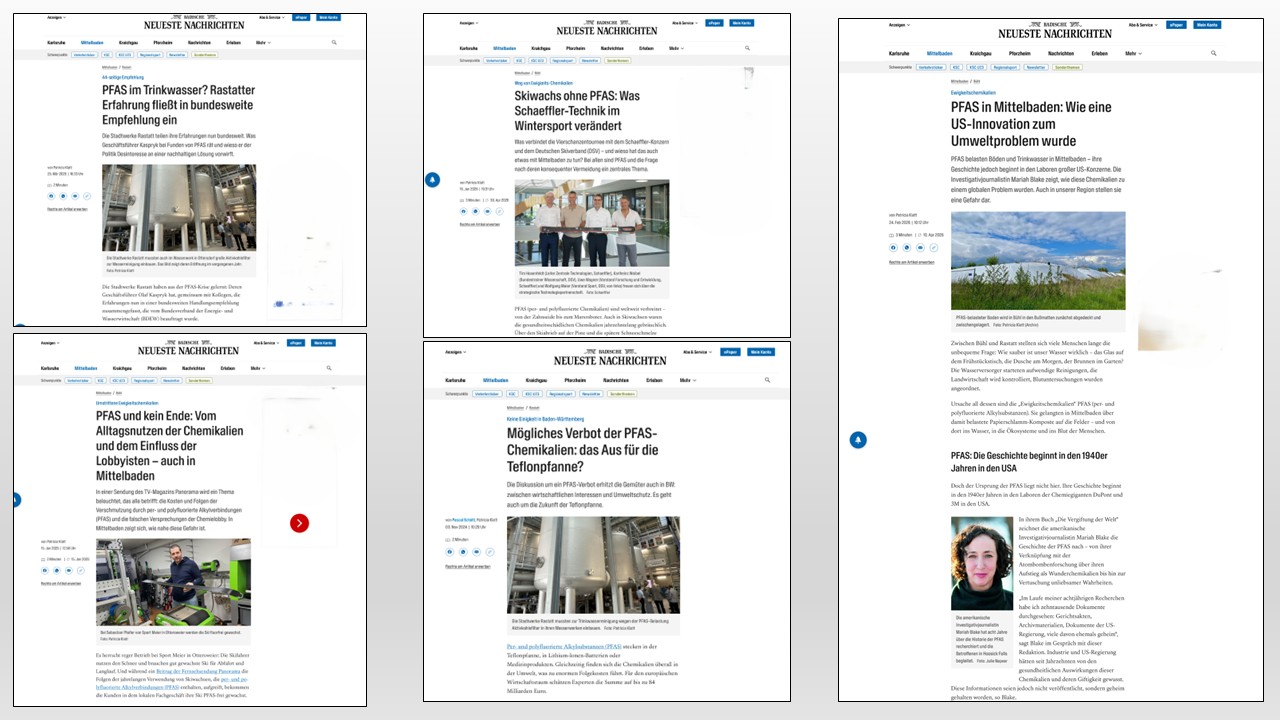 Screenshots BNN, PFAS-Berichterstattung