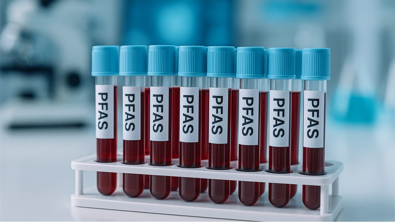 Röhrchen mit Blut und der Aufschrift: PFAS