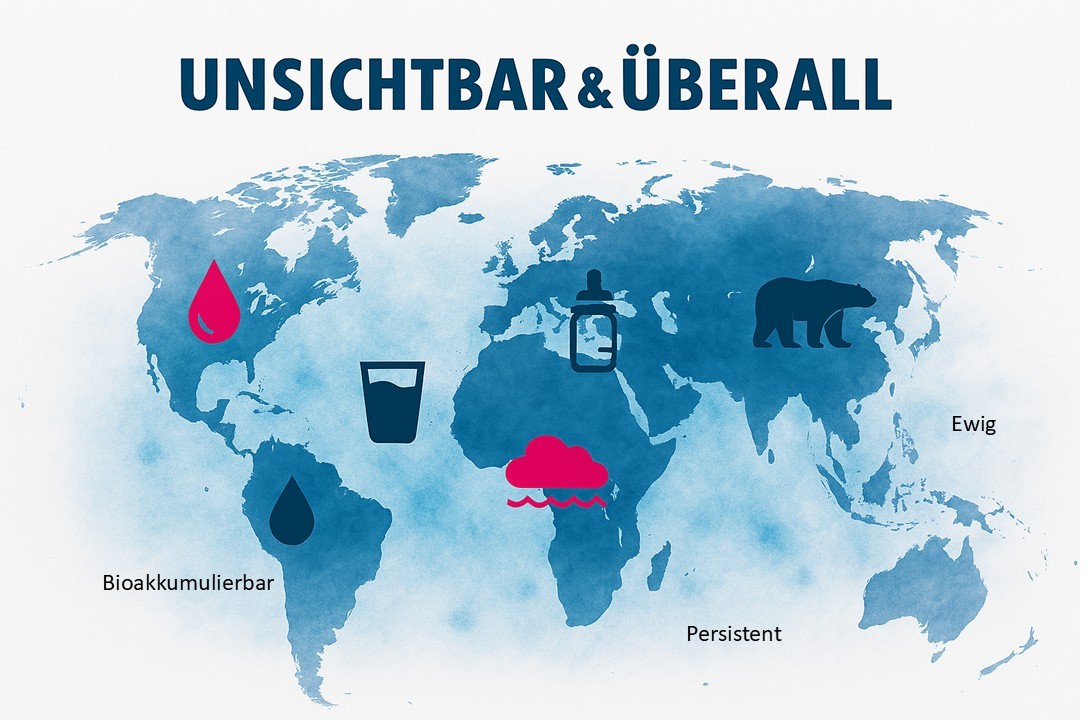 lineare Weltkarte mit PFAS-Symbolen