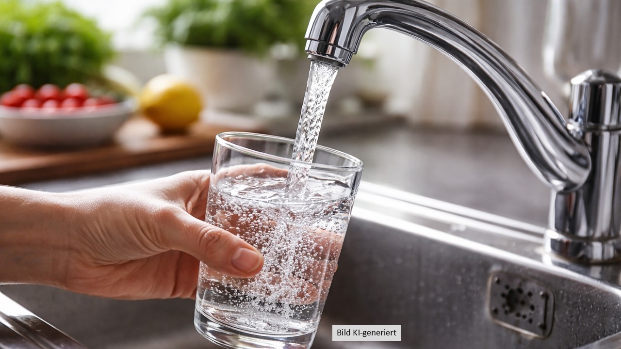 Laufender Wasserhahn mit Glas darunter, Ki-generiert