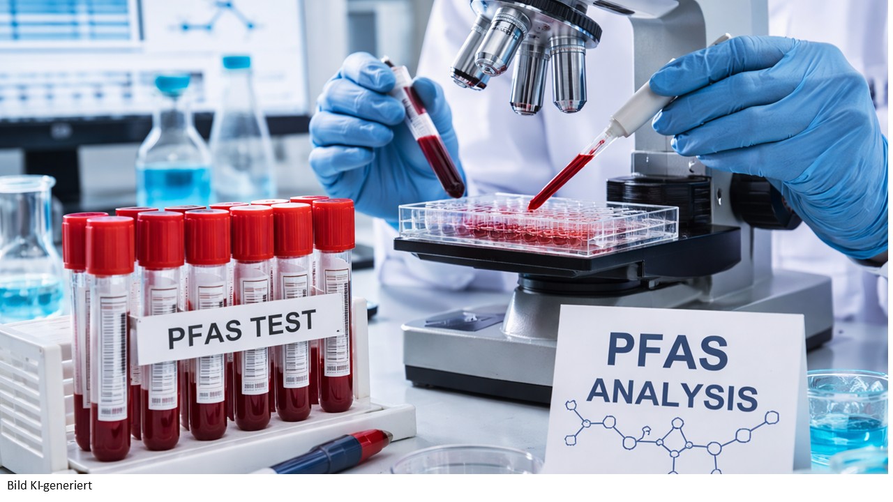 Röhrchen mit Blut und der Aufschrift: PFAS; KI-generiert