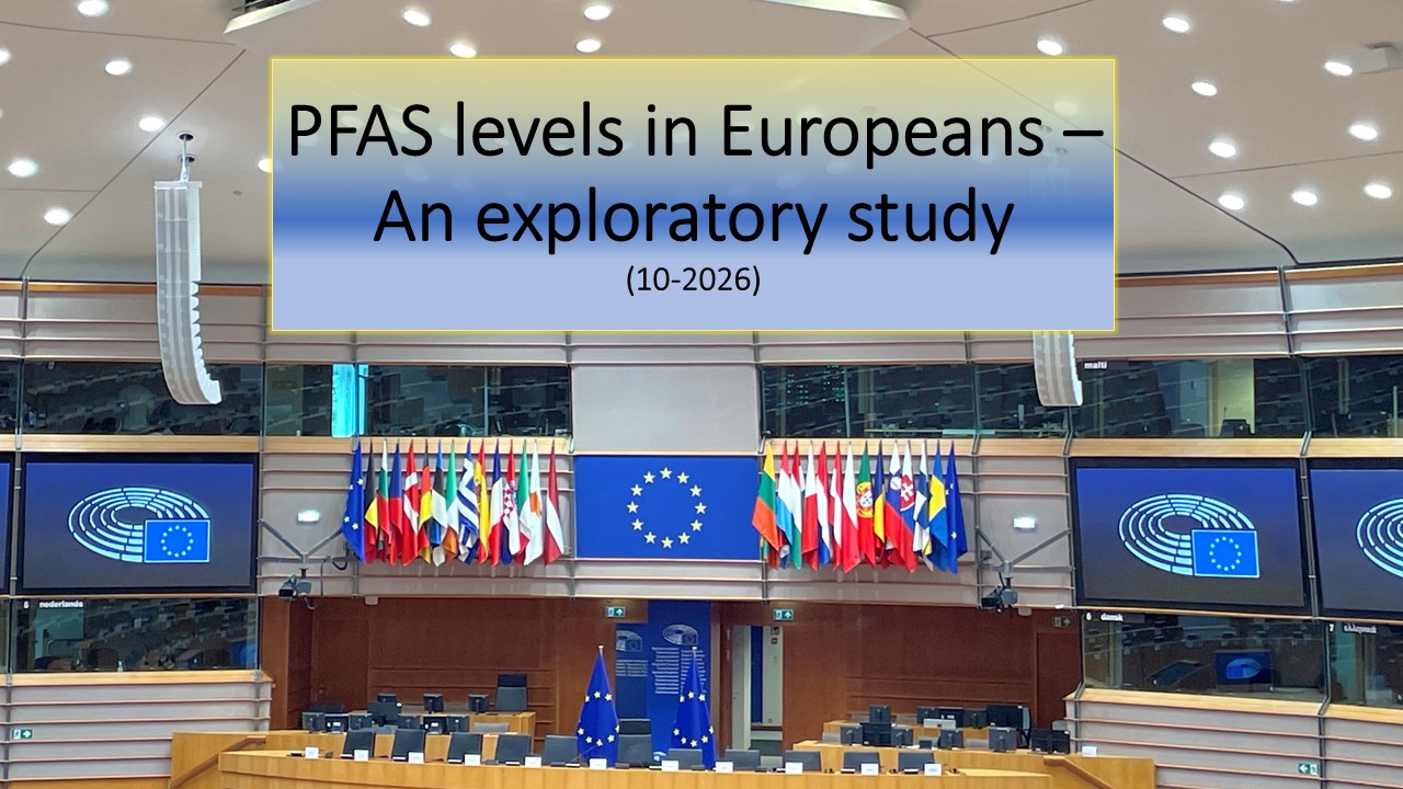 Blick ins europäische Parlament mit einem Text darüber: PFAS levels in europeans