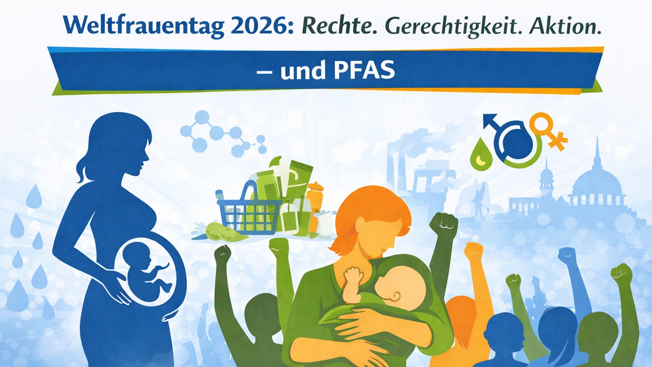 Grafik mit Frauen, Kindern und Umwelt und PFAS zum Weltfrauentag 2026, KI-generiert